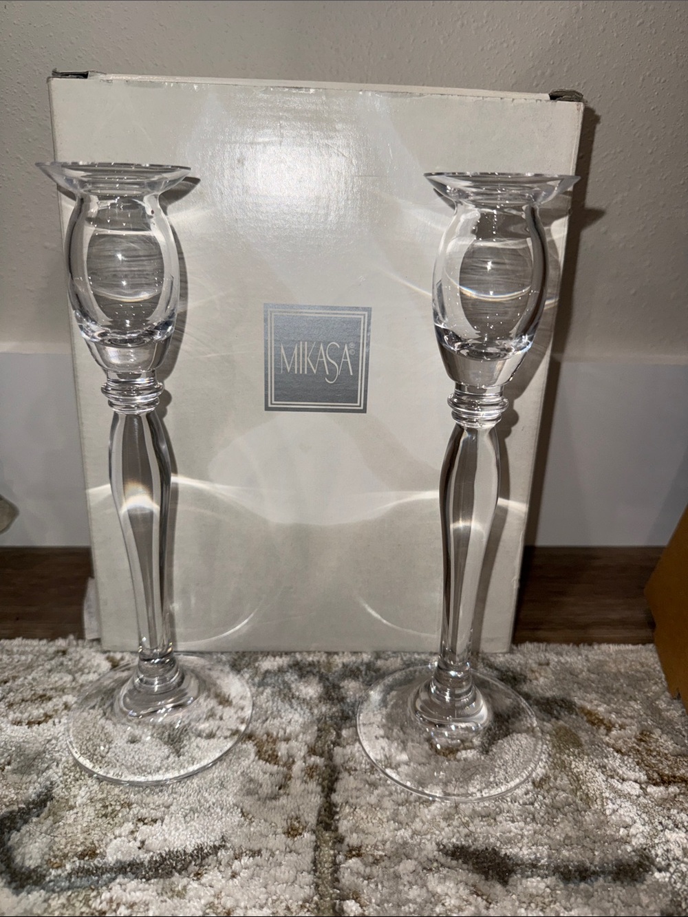 Mikasa Crystal Ballet Candlestick Long Stem 9.5 Inch Tall Candle Pair - in box!